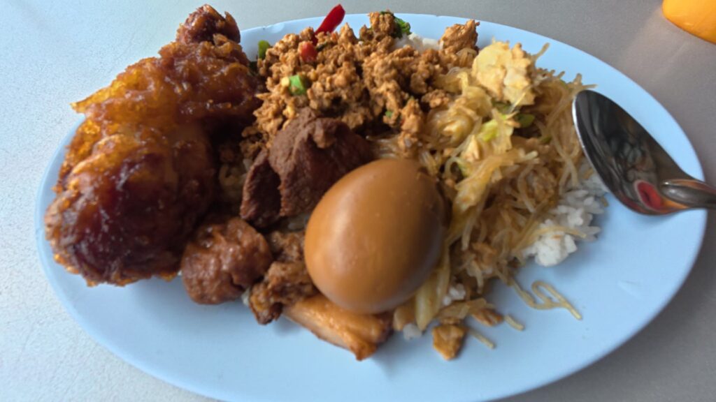 唐揚げとそぼろ、煮卵が乗った実食プレートの接写