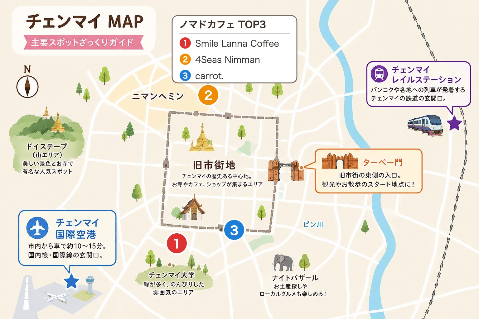 チェンマイのノマドカフェTOP3の位置を示した地図