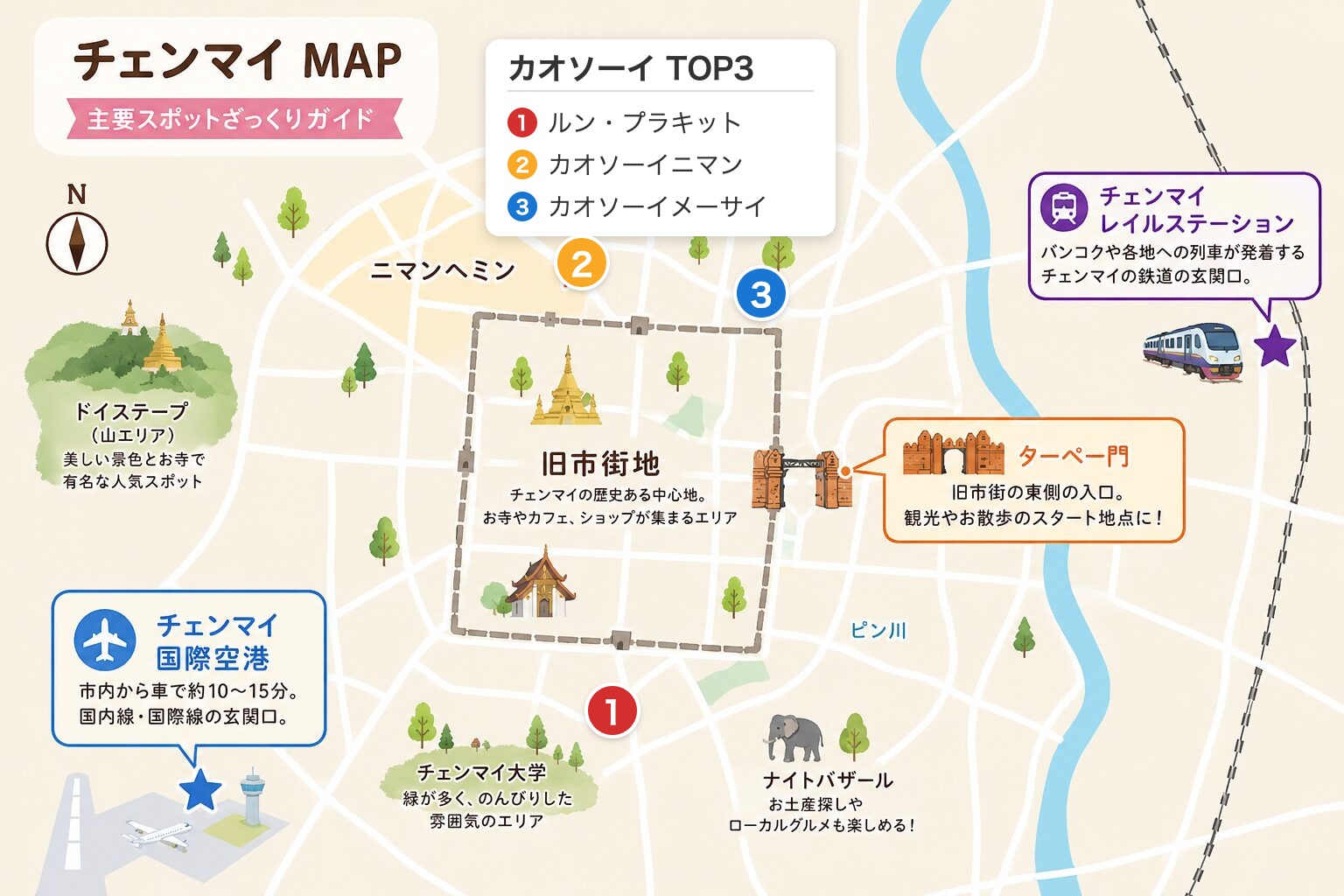 チェンマイのカオソーイおすすめ3軒の位置